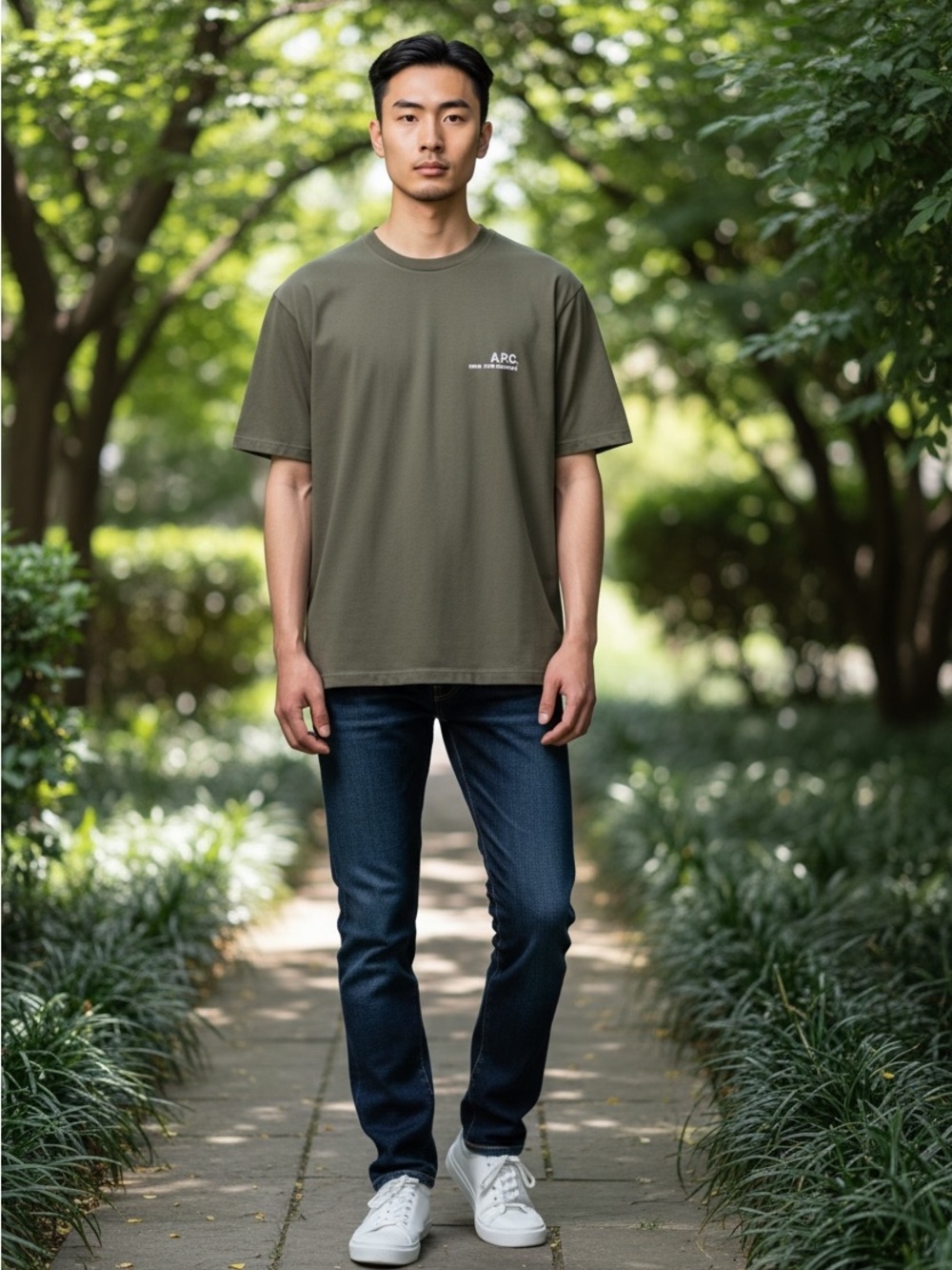 A.P.C. Olive Green Logo Crewneck Tee